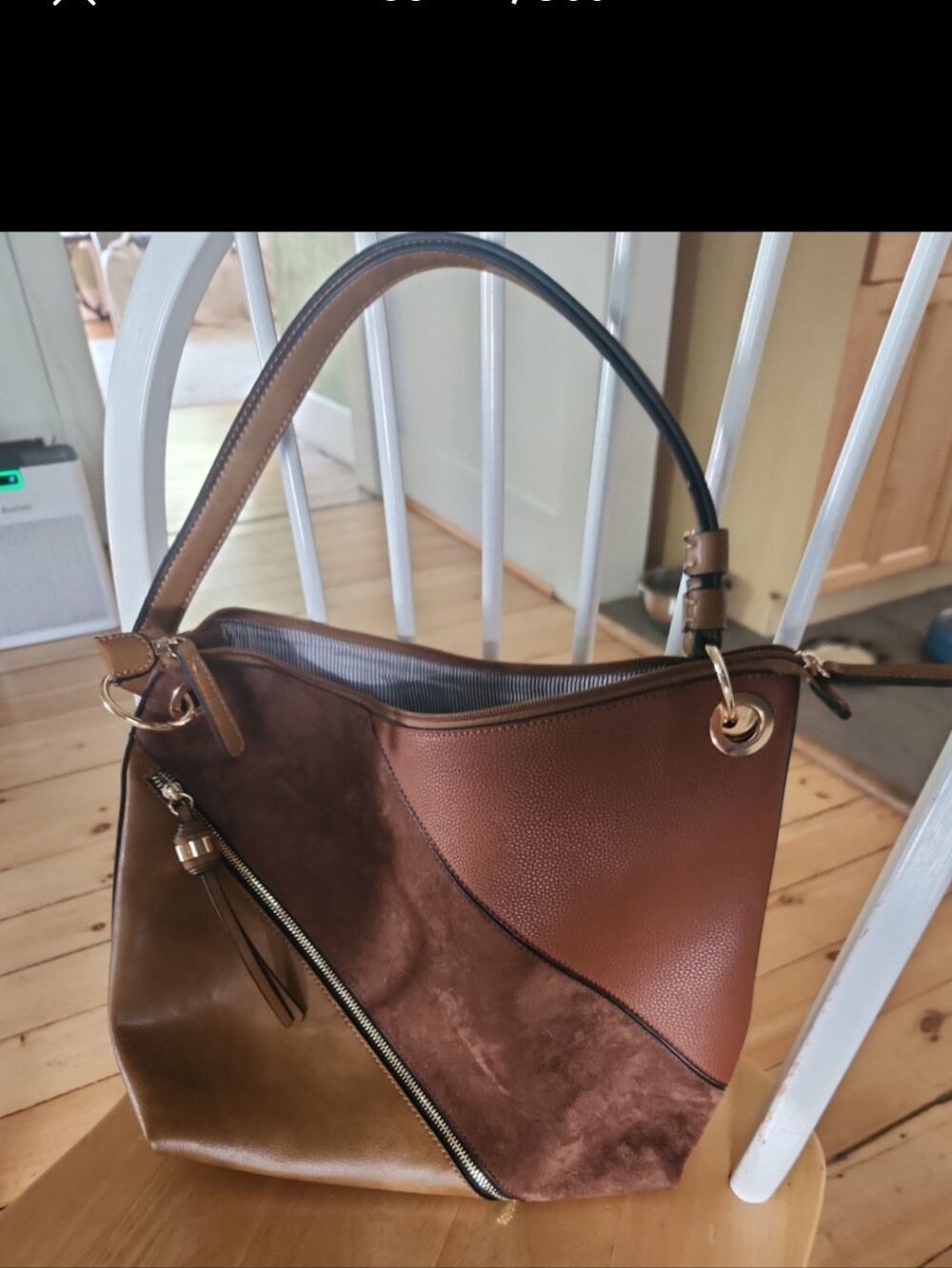Sondra Roberts Brown Mixed-Material Shoulder Bag with Gold Hardware